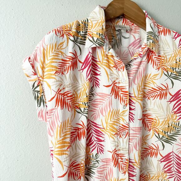 LOFT 100% cotton cap sleeve button down palm leaf top women's size large - Picture 4 of 9